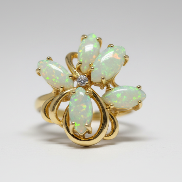 14k Yellow Gold Statement ring with marquise cut Ethiopian opals set with prongs