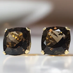 Pair of smoky quartz stud earrings in 14k Yellow Gold Mountings